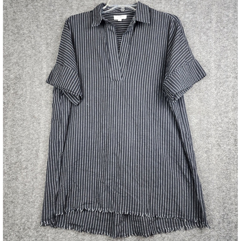 Umgee USA Tunic Shirt Women Medium Black White Striped Frayed Hem Boho A4374